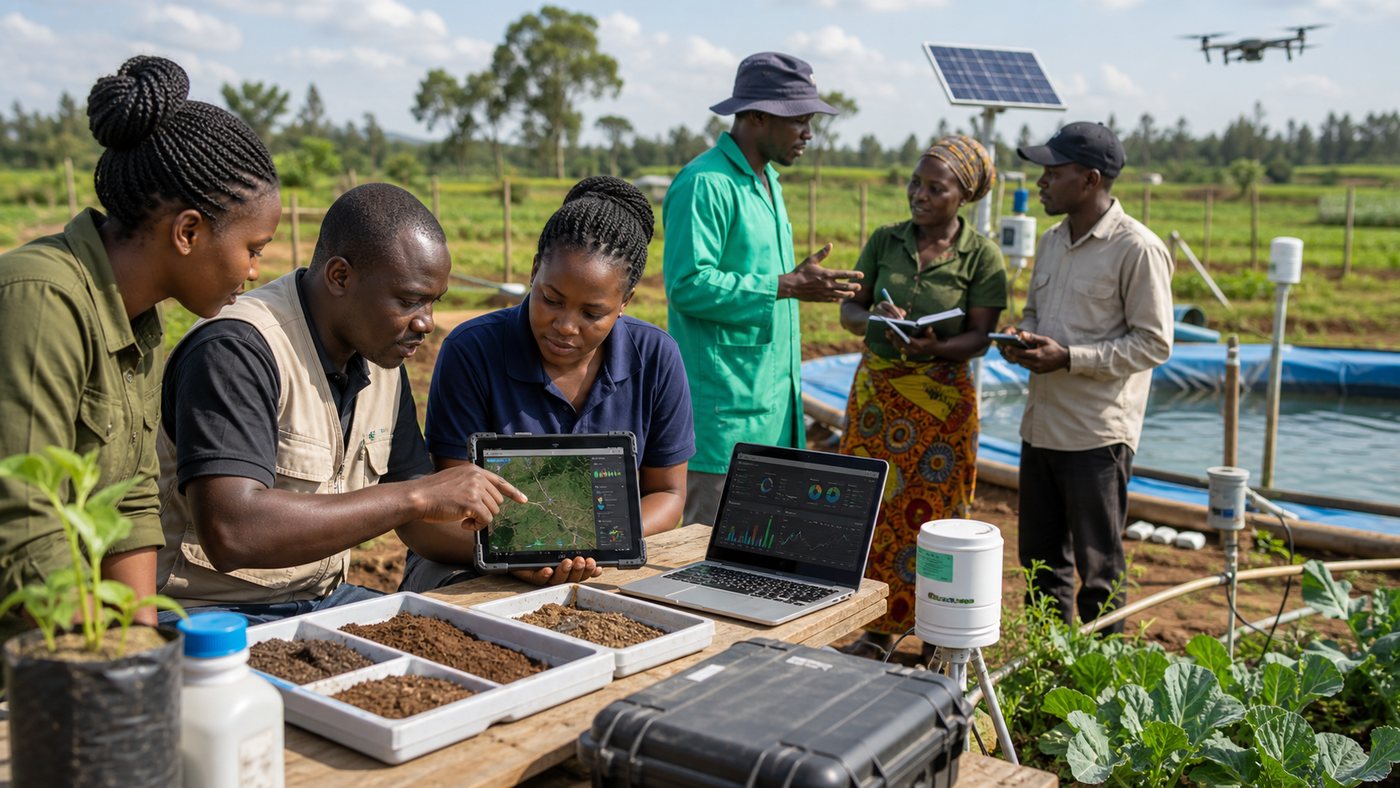 Field team reviewing soil samples, GIS farm maps, and sensor data