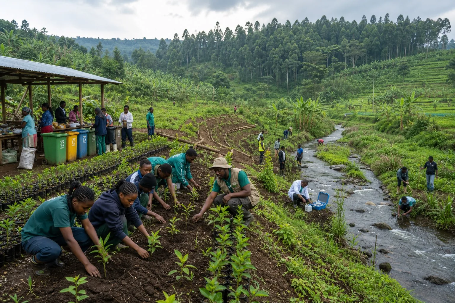 Community members restoring a Kenyan catchment through tree nurseries, riparian planting, water checks, and recycling