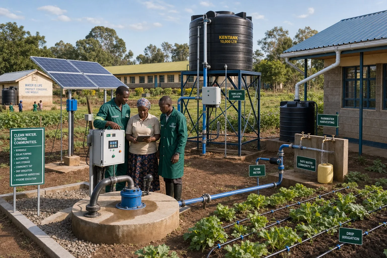 Solar-powered borehole connected through real pipes to an automated controller, water tank, tap stand, and drip-irrigated crops