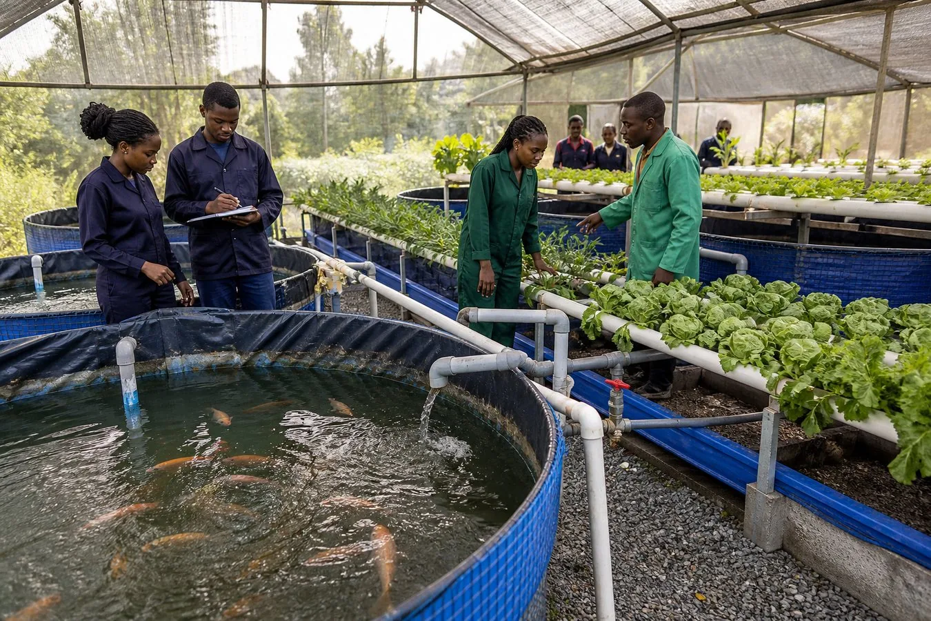 Aquaponics unit with fish tanks, water pipes, and vegetable grow beds