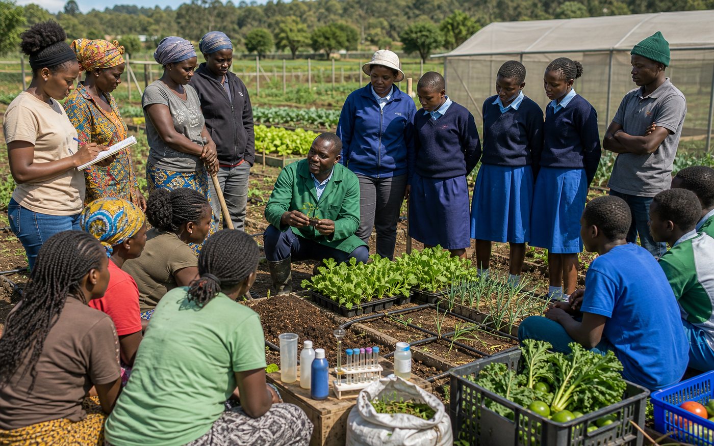 Community demonstration farm training with irrigation, seedlings, and soil testing