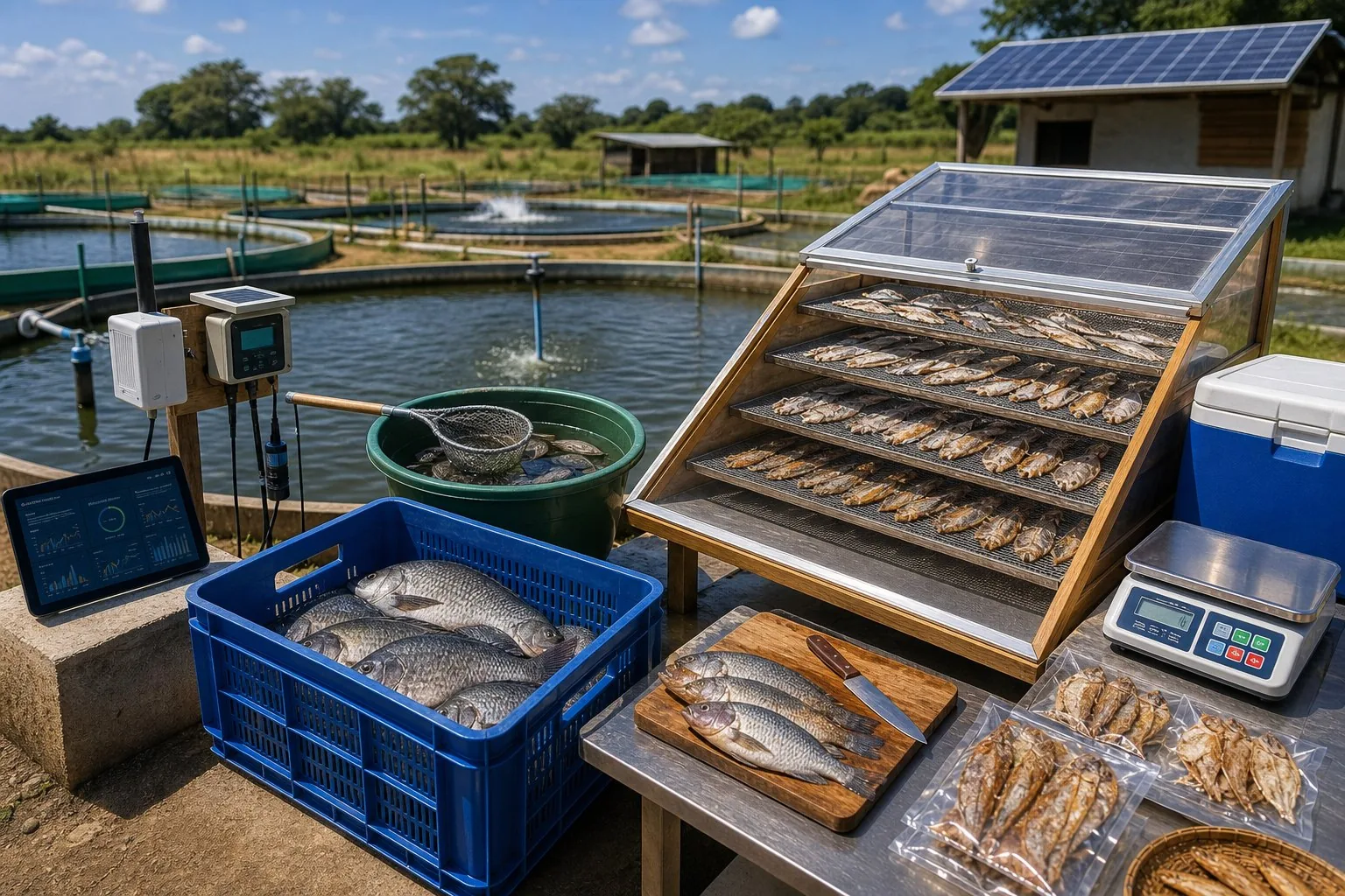 Fish ponds, water monitoring, fresh fish, preservation, packaging, and a solar fish dryer