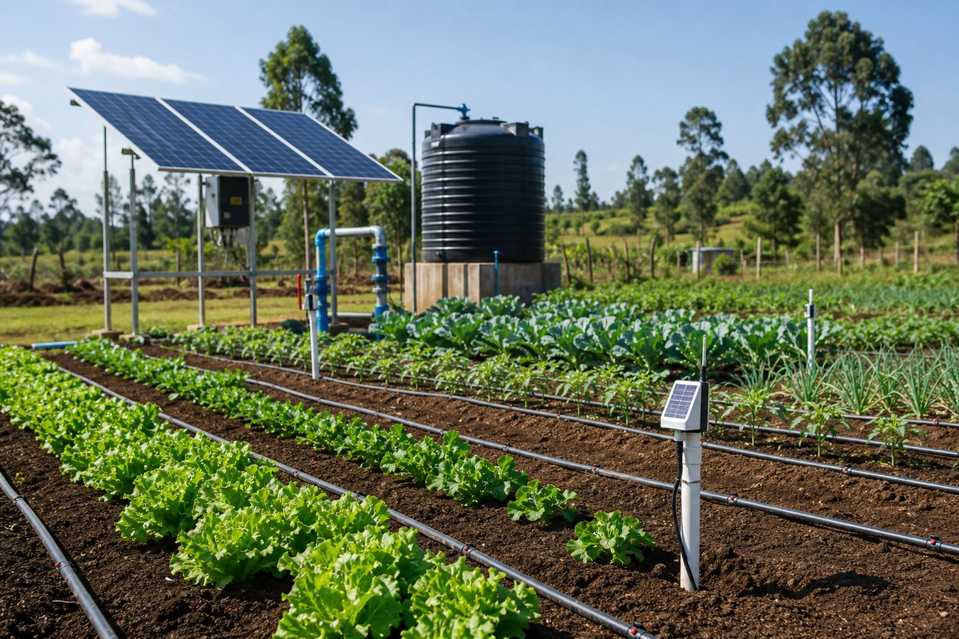 Solar-powered smart farm with real drip irrigation pipes, water tank, and field sensor