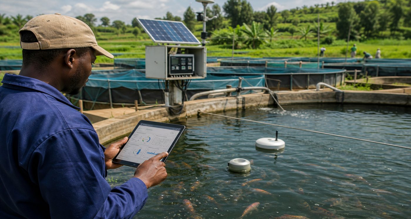 Smart fish farming pond with solar-powered sensors and a field dashboard