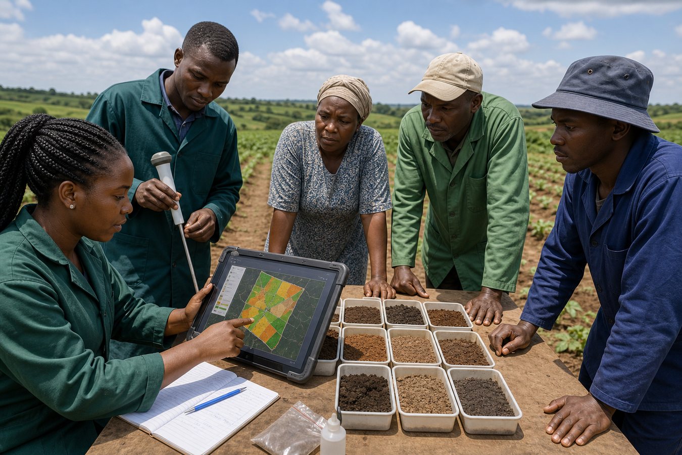 Soil samples, AI dashboard, GIS farm map, and field sensor for soil intelligence