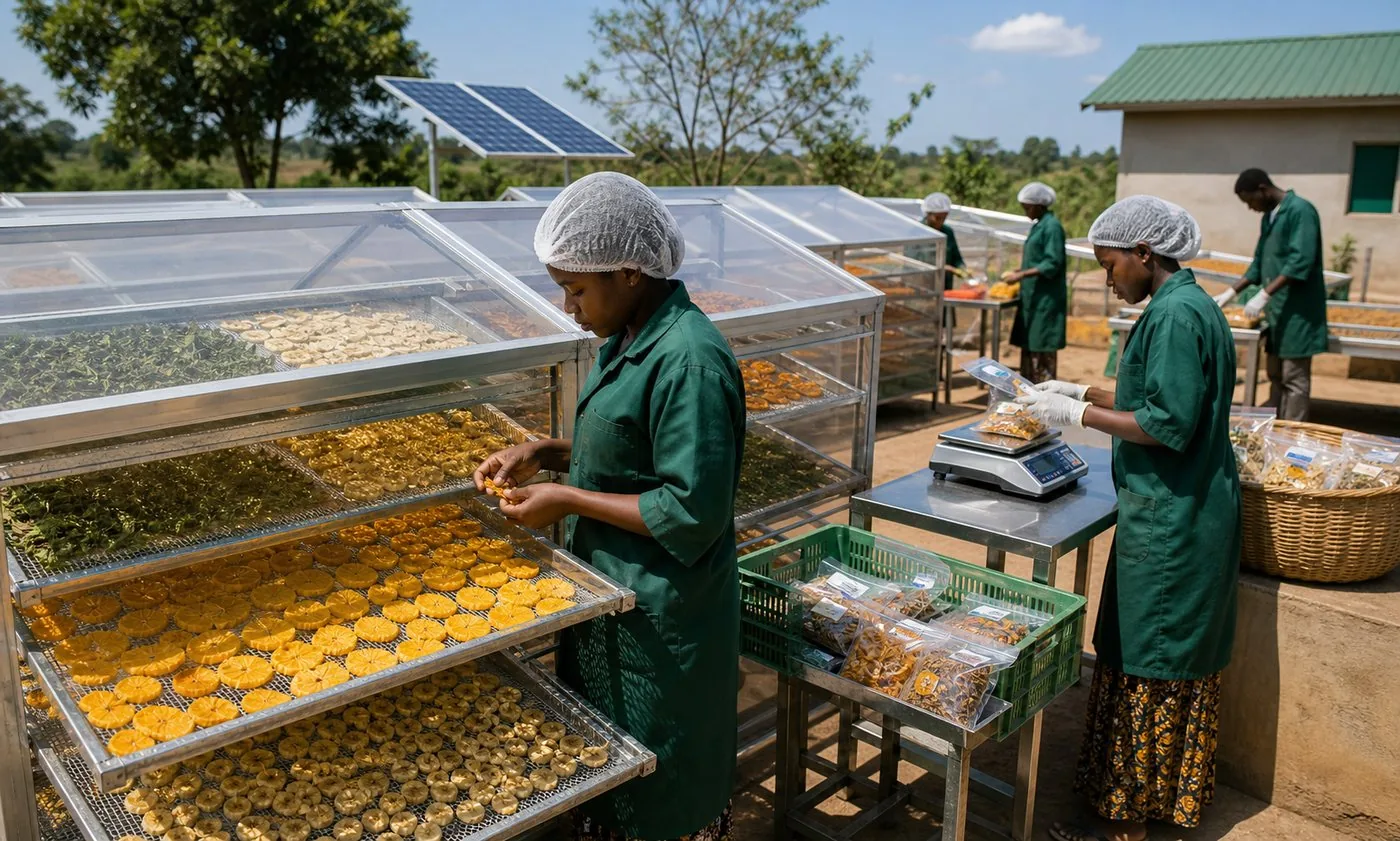 Solar drying trays with fruits, vegetables, fish, and packaged produce