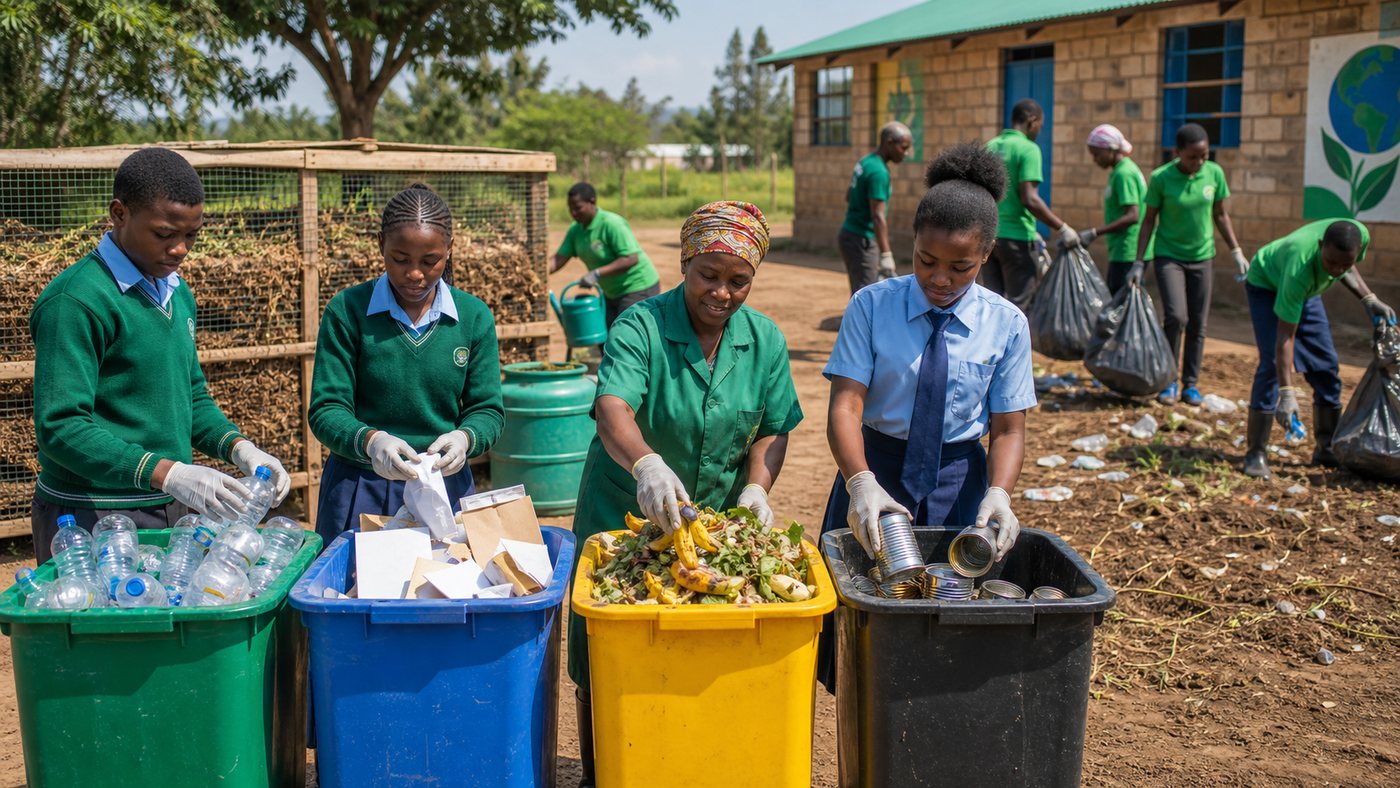Community recycling station with sorted bins and youth waste-sorting training