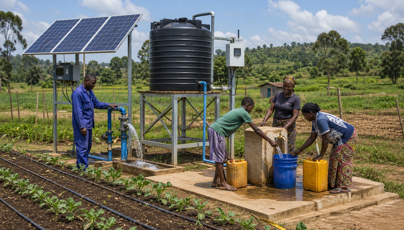 Solar powered borehole water system with tank, controls, and catchment landscape