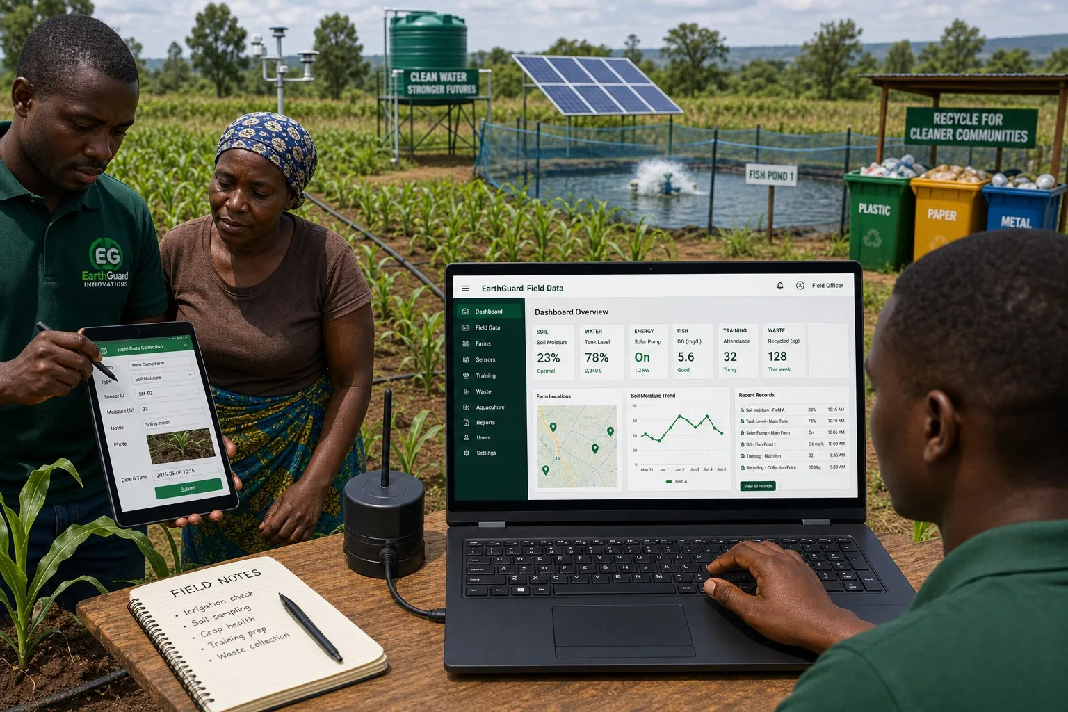 Field officer collecting soil data on a tablet beside a laptop website showing farm, water, energy, fish, training, waste, map, alert, and trend dashboards